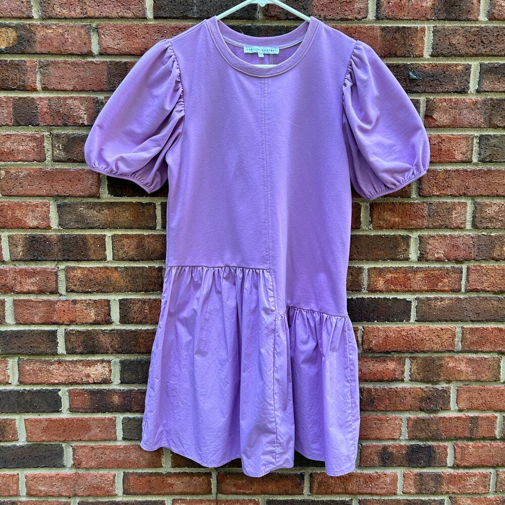 English Factory Knit Woven Mixed Dress Lilac Purple Puff Sleeve Mini Size Small - Picture 2 of 9